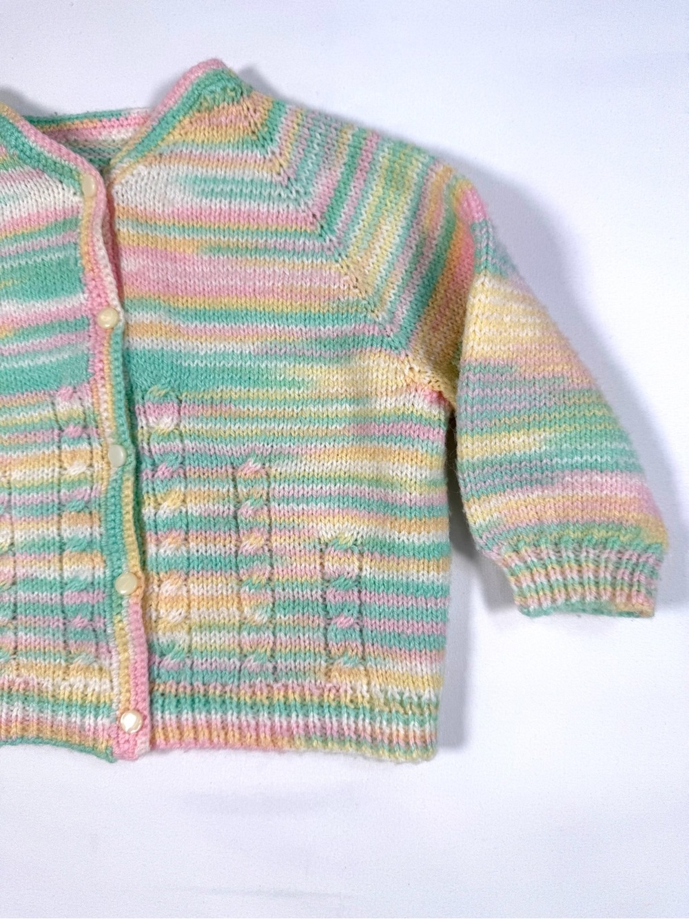 Hand Knit Pastel Baby Cardigan 3-6 Months‎ Vintage Inspired Cottagecore Heirloom - Picture 3 of 9